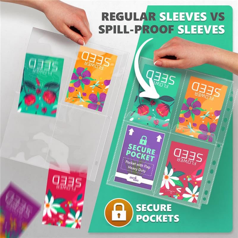 160 Pockets Spill-Proof Top Closure Seed Storage Organizer Sleeves (40 Pack) Heavy Duty 4 Pocket Garden Seed Organizer, Slot Size 3.5x5 Clear Sleeves for Seed Packet Storage, Seed Keeper, Seed Binder