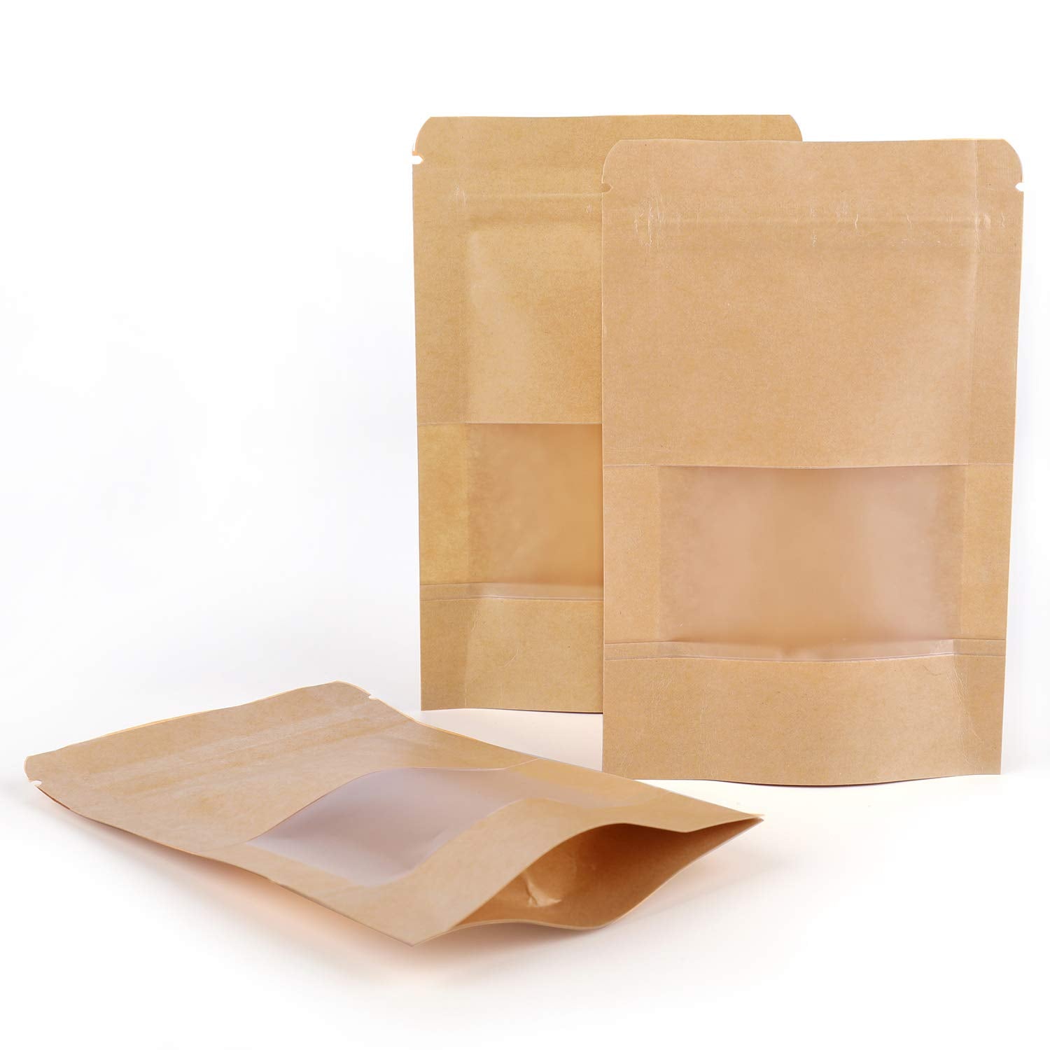 Kingrol 300 Count 3.5 x 5.5 Inch Kraft Paper Bags with Resealable Lock Seal Zipper &Transparent Window, Stand Up Food Bags