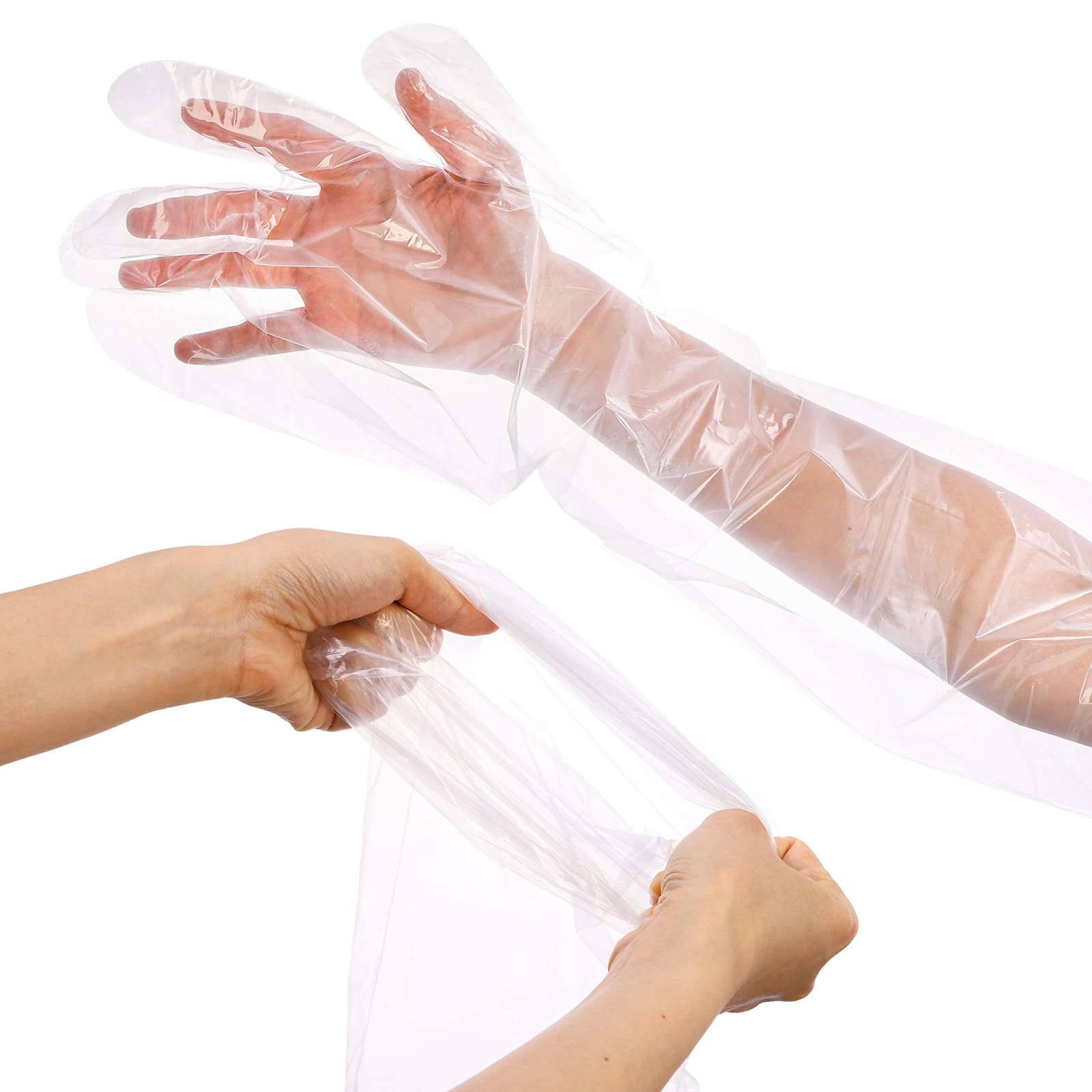 Okllen 100 Pcs Disposable Plastic Gloves, 35 Inch Long Arm Gloves Dressing Gutting Glove, Waterproof Veterinary Insemination Glove for Field Dressing House Cleaning Gardening, Transparent