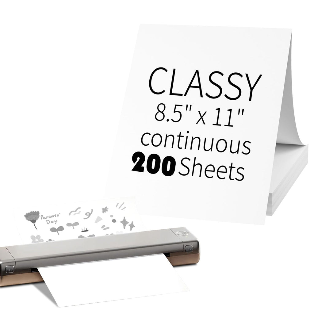 CLASSY 200 Sheets Thermal Printer Paper 8.5 x 11 Inch,Lasting 3 Years,US Letter Size Thermal Paper, Compatible with M08F/A40 Thermal Portable Printer, Folded, Continuous Folding