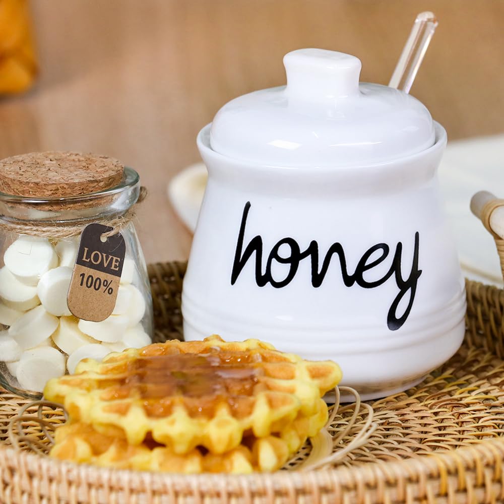 Swetwiny Ceramic Honey Pot with Dipper, 12oz Ceramic Honey Dispenser with Lid and Glass Honey Stick Porcelain Honey Container for Home Kitchen