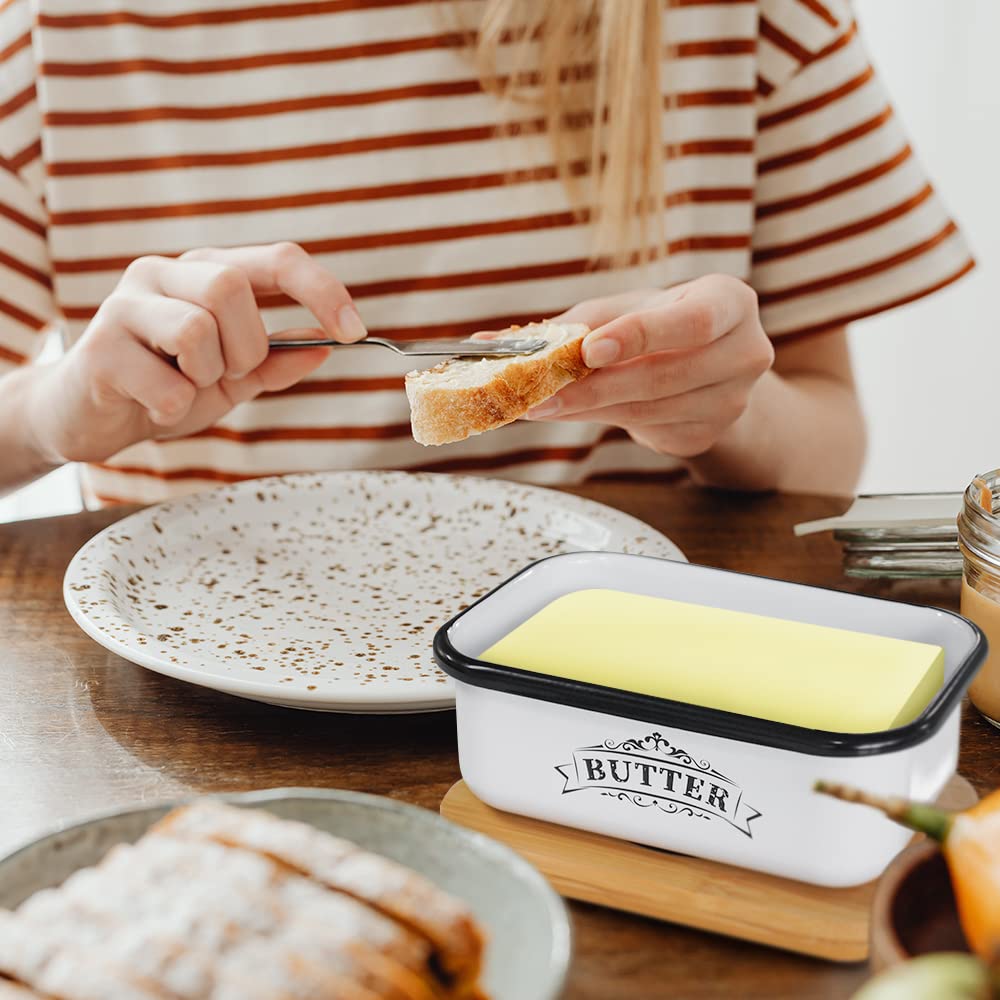 SOTECH Butter Dish with Lid for Countertop Small Metal Box and Thicker Bamboo Cover,Free Butter Keeper Vintage Farmhouse Style Butter Jar (Butter Box A)