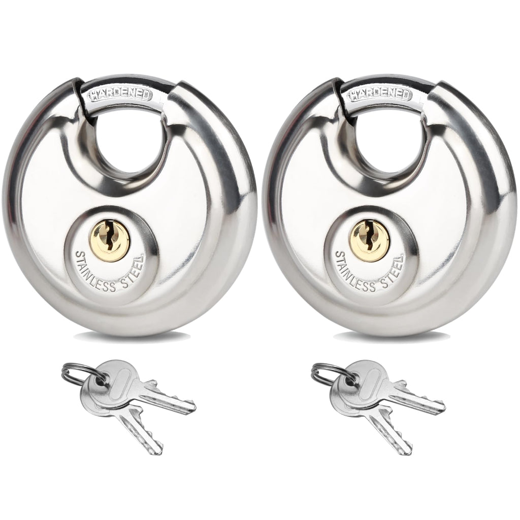2Pack Padlocks Keyed Alike, 2-3/4"(70mm) Disc Locks for Storage Unit, Stainless Steel Locks with 4 Keys, Outdoor Waterproof Storage Lock for Storage Locker, Shed, Gate, Fence, Warehouse