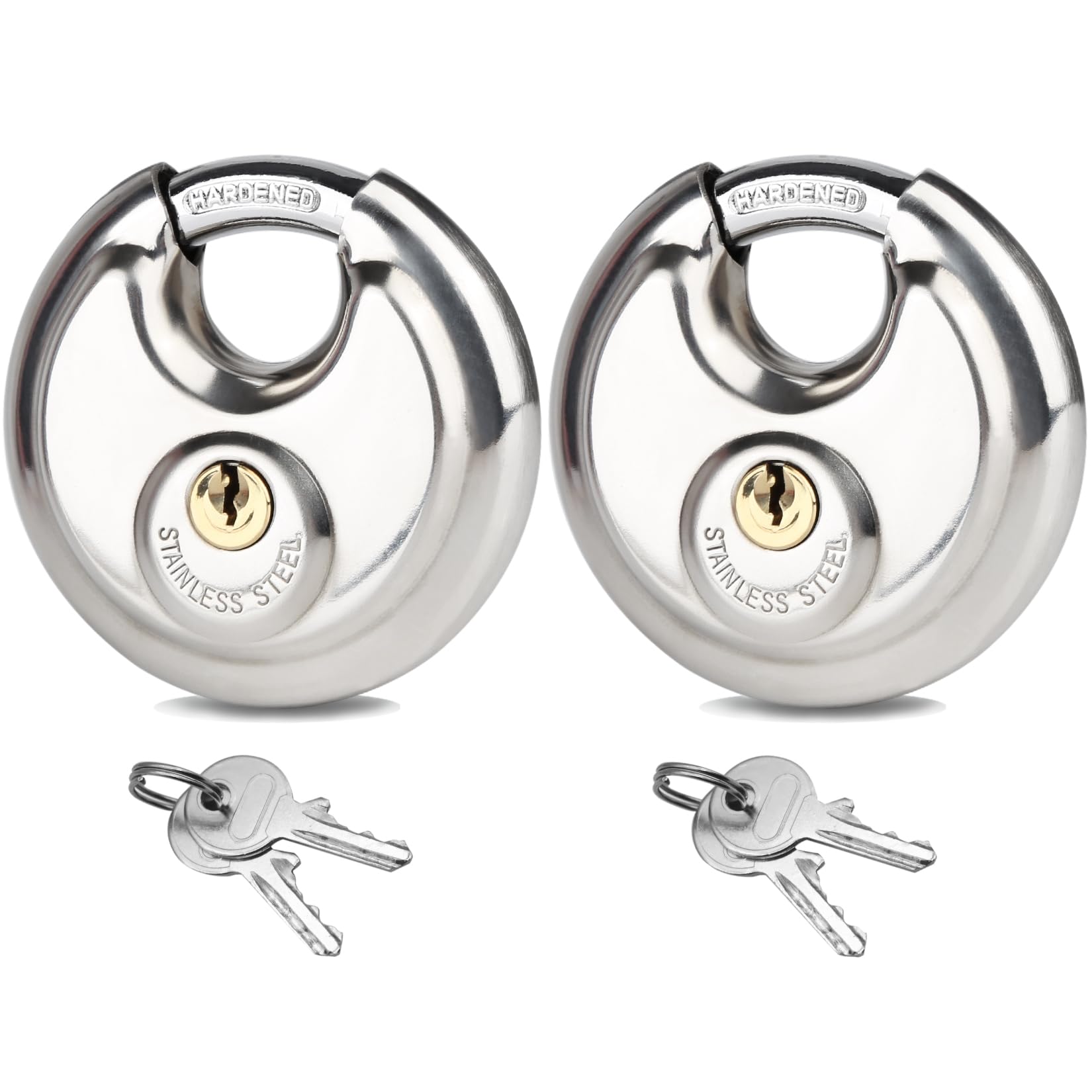 2Pack Padlocks Keyed Alike, 2-3/4"(70mm) Disc Locks for Storage Unit, Stainless Steel Locks with 4 Keys, Outdoor Waterproof Storage Lock for Storage Locker, Shed, Gate, Fence, Warehouse