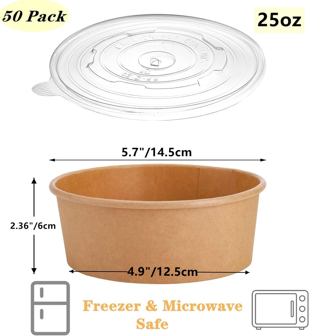 Lyellfe 50 Pack Kraft Paper Bowls with Lid, 25 Oz Disposable Soup Salad Serving Bowls, To Go Food Container for Party Dessert, Ice Cream, Yogurt, Microwave Freezer Safe