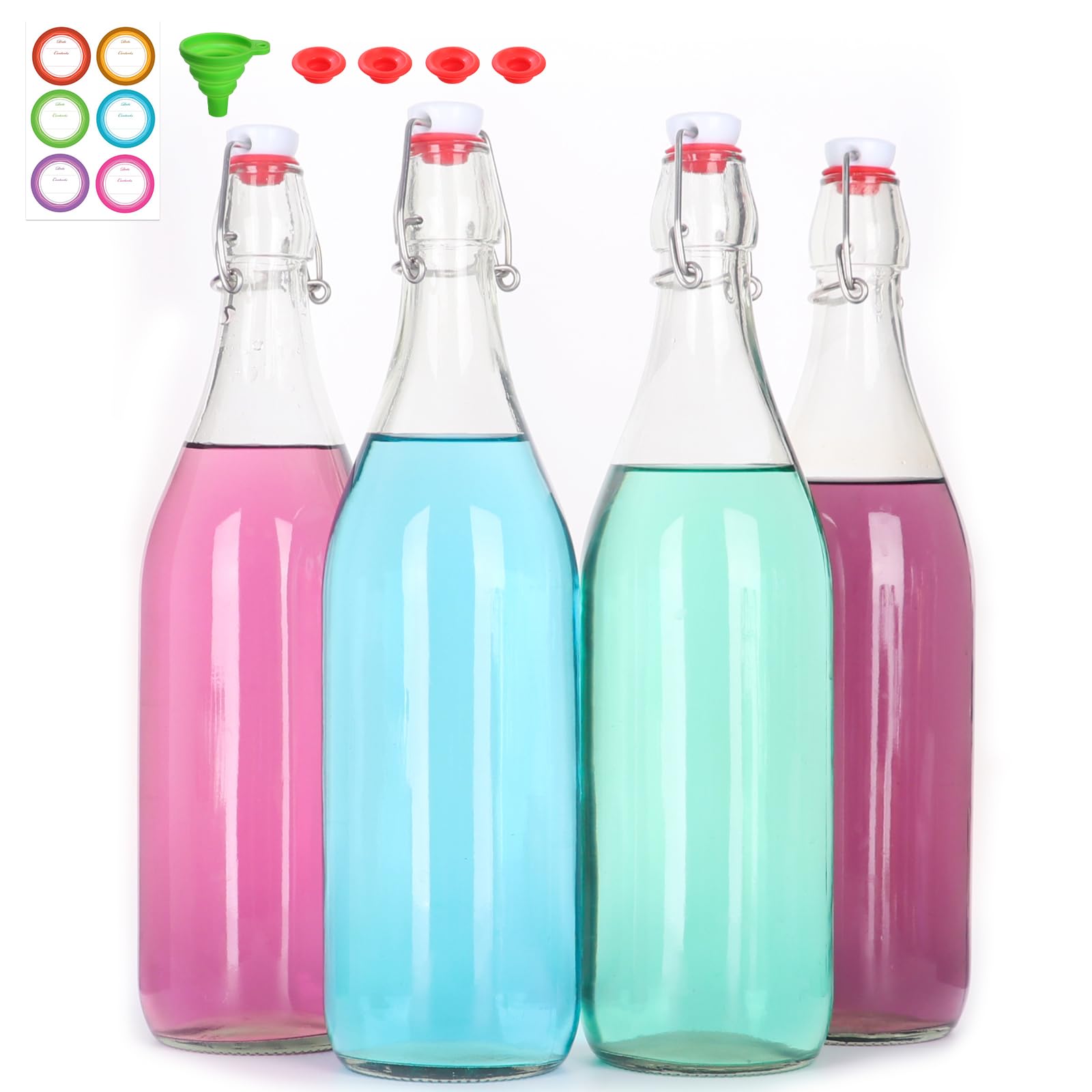 BIGIVACA 4 Pack 32 oz Swing Top Glass Bottles, Flip Top Glass Bottles, Beer Brewing Bottle with Airtight Stopper for Fermentation, Kombucha, Mead, Kefir, Vanilla Extract, Juice