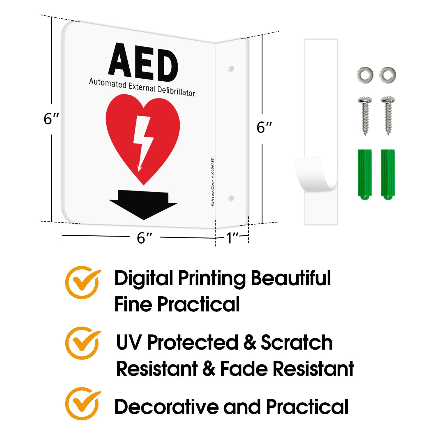 Faittoo AED Sign, AED Automated External Defibrillator with Down Arrow Sign, 6x6 Inches 90D Projection - Acrylic, 2 Pre-Drilled Holes, Includes Matching Screws, Use for Home Office/Business, 2 Pack