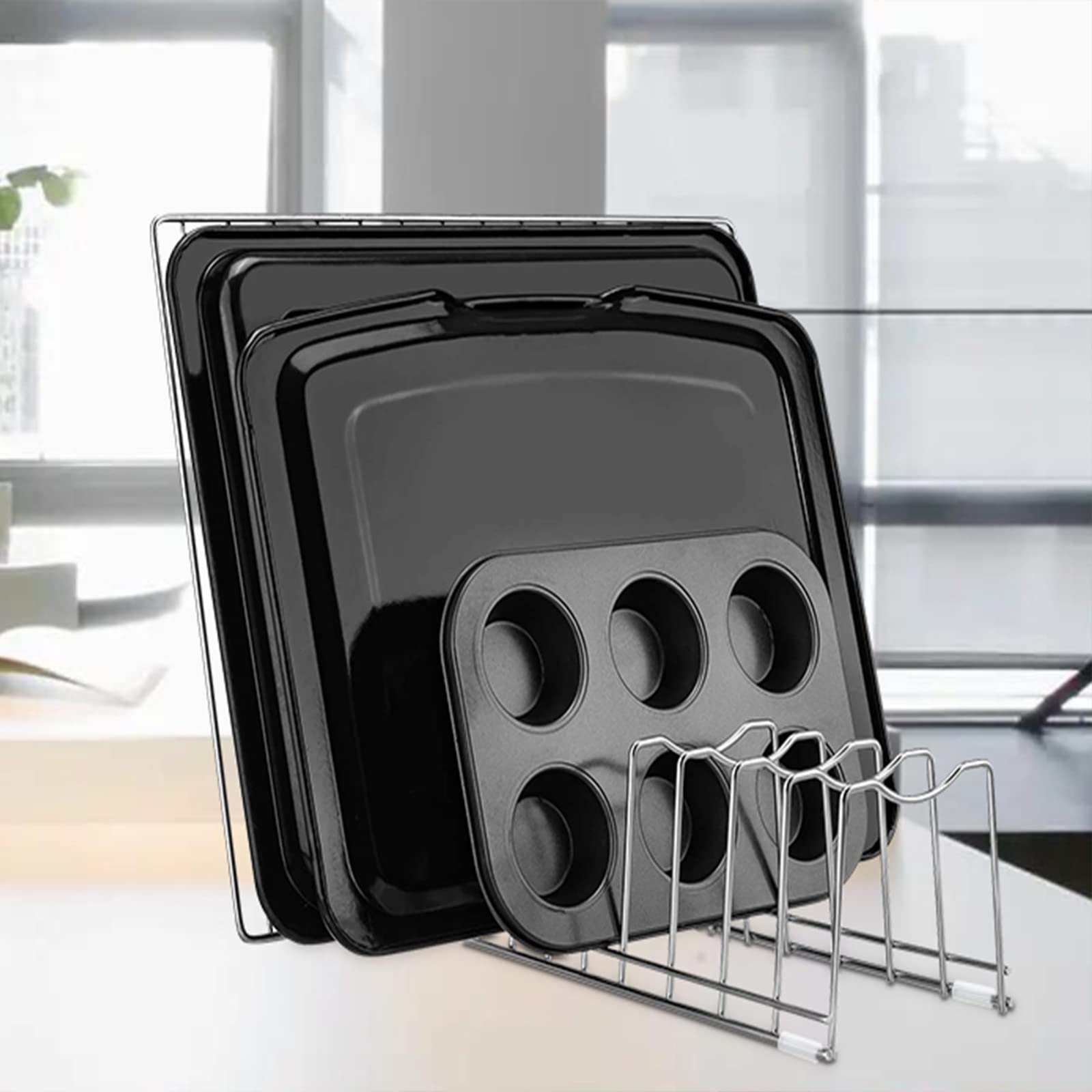 Forlivese Pot Lid Organizer, Pot Lid Holder Suitable for Bakeware Dish Plate, Cutting Boards, Pots and Pans, Serving Trays, Reusable Containers in Cabinet Pantry(1 pack, 4 Silicone Foot Covers)