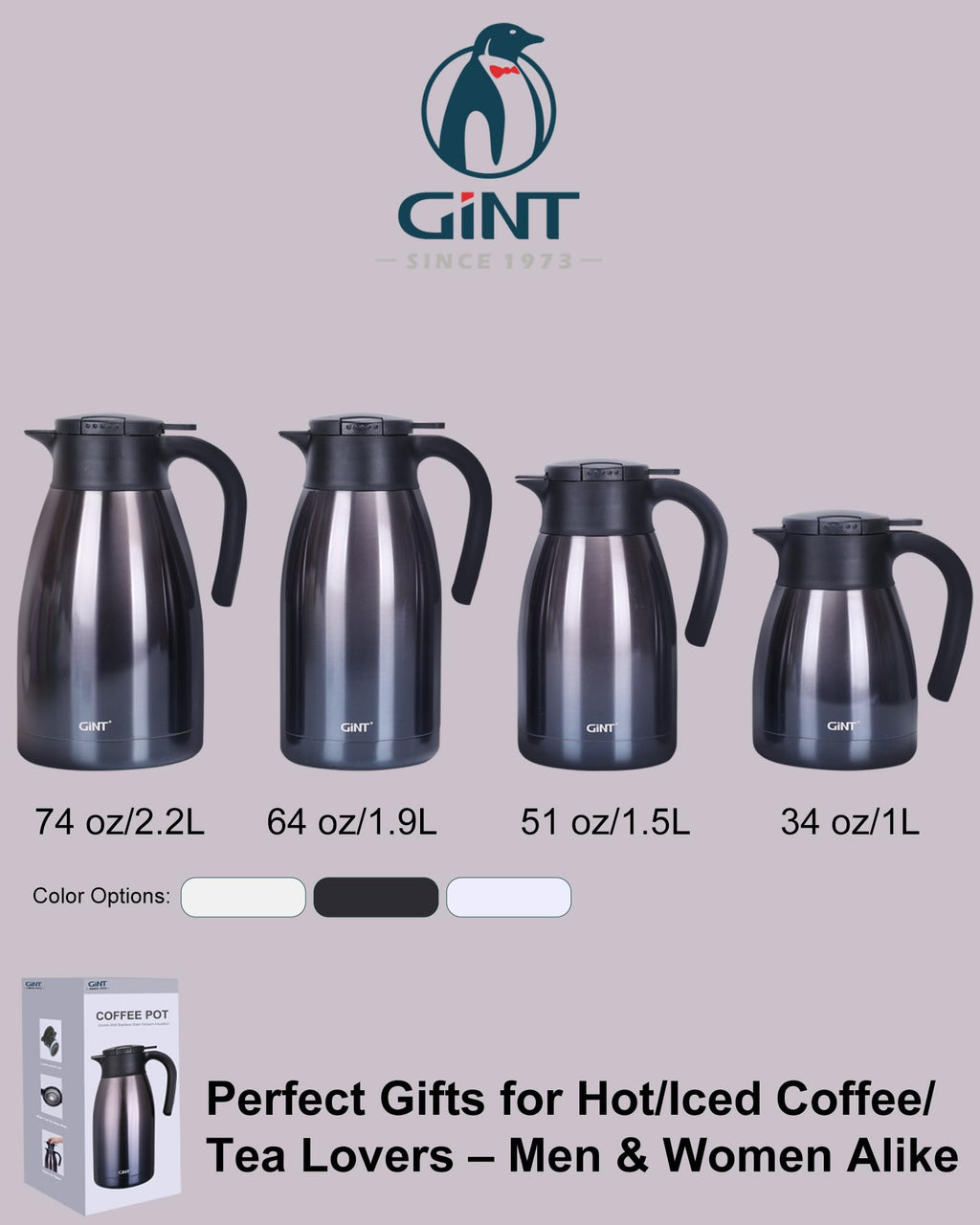 GiNT 1L/34Oz Thermal Coffee Carafe for Keeping Hot - Insulated Stainless Steel Carafe for Hot Liquids, Double Walled Vacuum Beverage Dispenser, 12 Hours Hot (Purple, 1L)