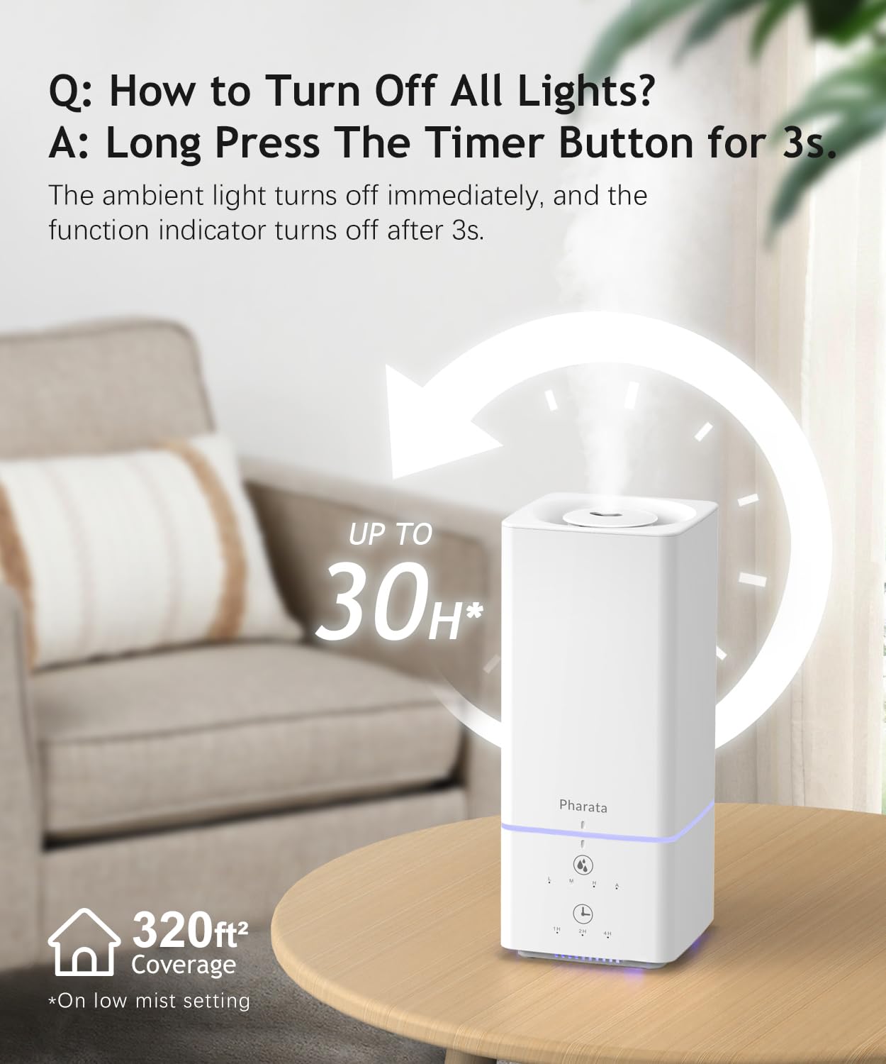 Pharata Humidifiers for Bedroom Home Baby, 2L Top Fill Cool Mist Air Humidifier with 7 Color Atmosphere Light, Small Ultrasonic Quiet Humidifier for Nursery & Plants, (White)