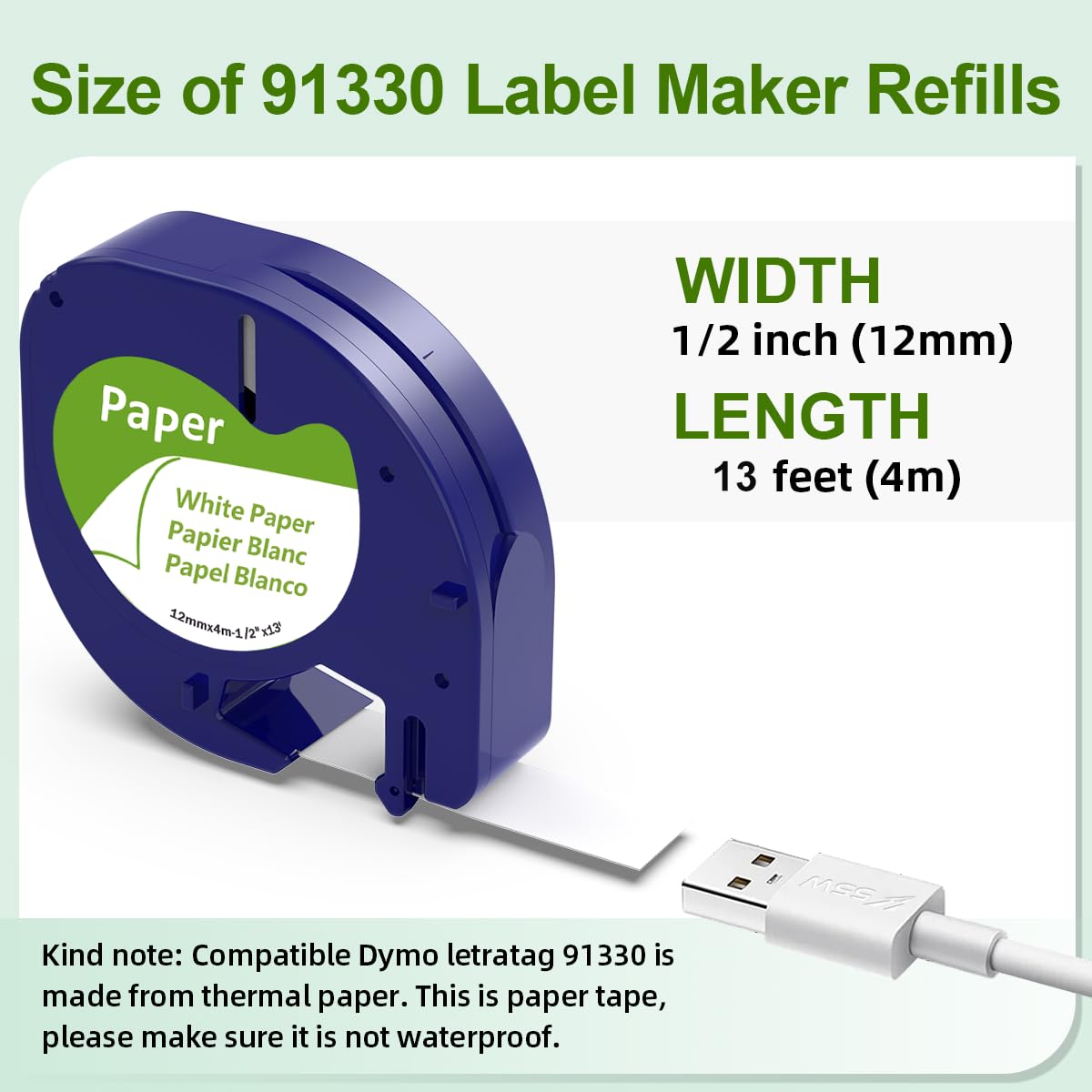 Compatible with Dymo LetraTag Refills White Paper 91330 10697 Label Tape 12mm x 4m for Dymo Letra Tag LT-100H LT-100T Plus 200b QX50 2000 Label Maker Refills, 6-Pack 1/2 Inch x 13 feet