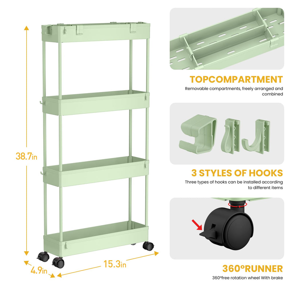 SPACELEAD Slim Storage Cart 4 Tier, Storage Organizer Rolling Utility/Mobile Shelving Unit Slide Out Storage Cart for Office, Bathroom, Kitchen, Laundry Room & Narrow Places， Green