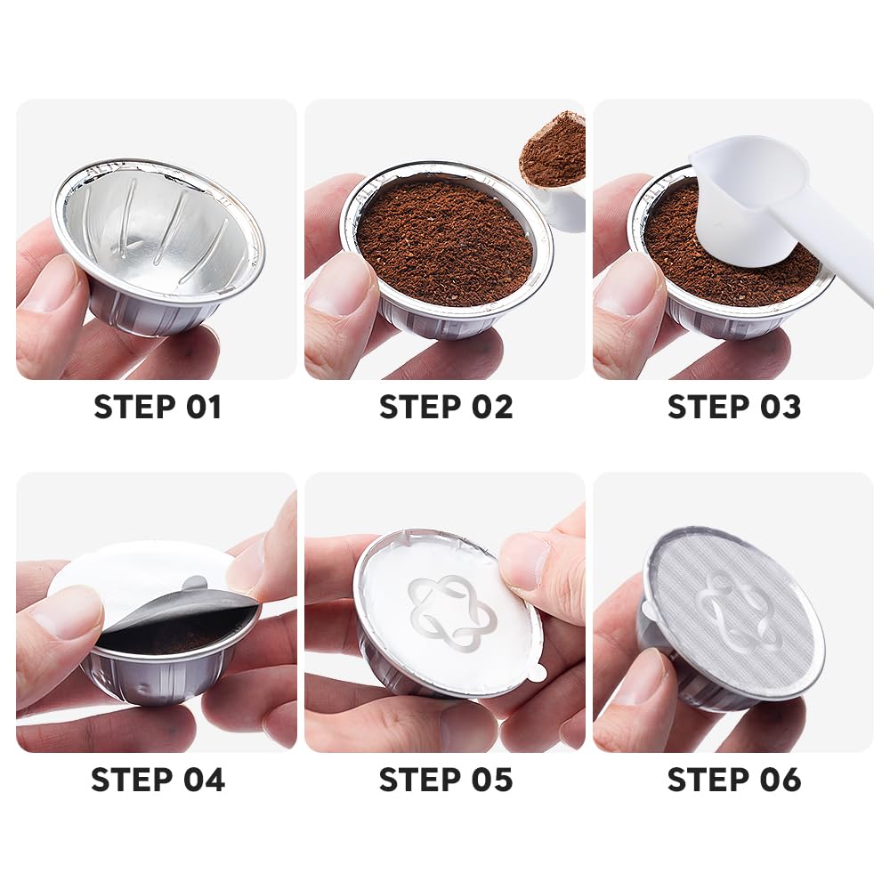 200pcs Coffee Pod Seal Lids,Aluminum Espresso Lids Foil Seals for Reusable Capsules Compatible with Nespresso Espresso Capsules Machines (for VertuoLine)+1 Spoon +1 Brush