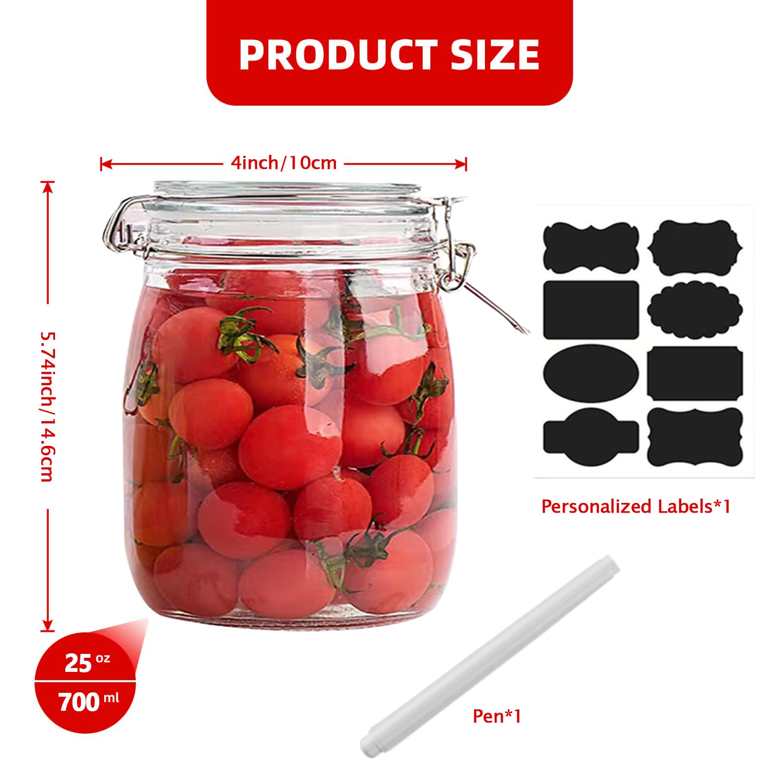 Glass Jar with Lid 25oz/750ml, 6 Pcs Round Clear Airtight Glass Jar with Stainless Steel Wire Clamp, Marker Stickers and Liquid Chalk, Food Storage Containers