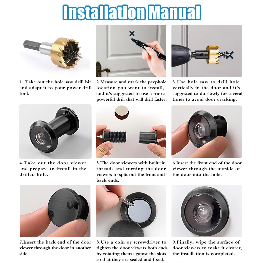Tahikem Door Viewer Peephole, Door Viewers with 0.63inch/16mm Drill Bit Kit, Fits 1-1/2" to 2-3/8" Front Door, 200 Degree Wide Angle Peep Eye Hole, Anti Peeping Reverse Privacy Covers - Matte Black