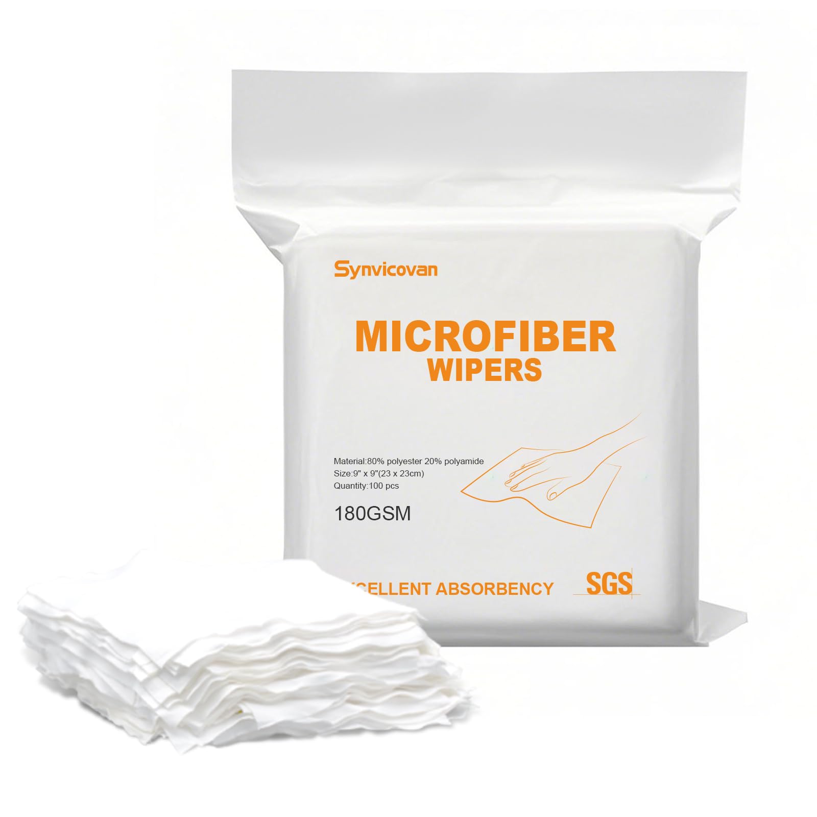 Synvicovan Microfiber Wipes 9"x9"(100 Pcs,Class 100, 180GSM) Superfine Lint Free Cloths Cleaning and Drying Cloths Reusable Ultra Absorbent for All Surface Types