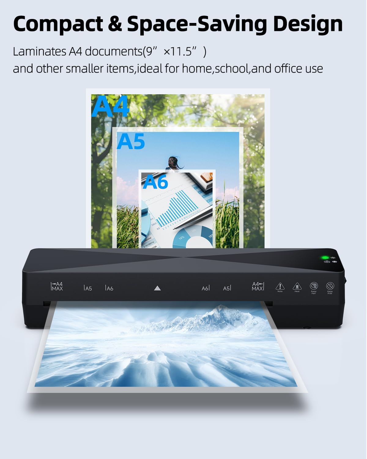 Kejector A4 Laminator Machine, 9-Inch Laminating Machine with 10 Laminating Pouches, Fast Warm, Never Jam, A4 Hot & Cold Laminator for Office School Home Business