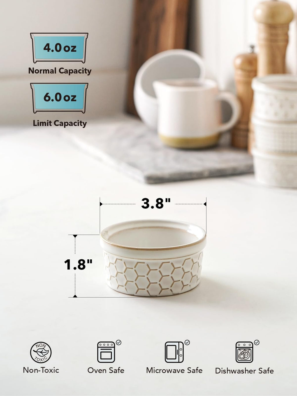LE TAUCI Ramekins 4 oz, Ramiken for Creme Brulee, Lava Cake,Pudding, Souffle, Small Sauce Bowl,Ceramic Baking Dishes- 3.8 inch, Set of 4, Arctic White