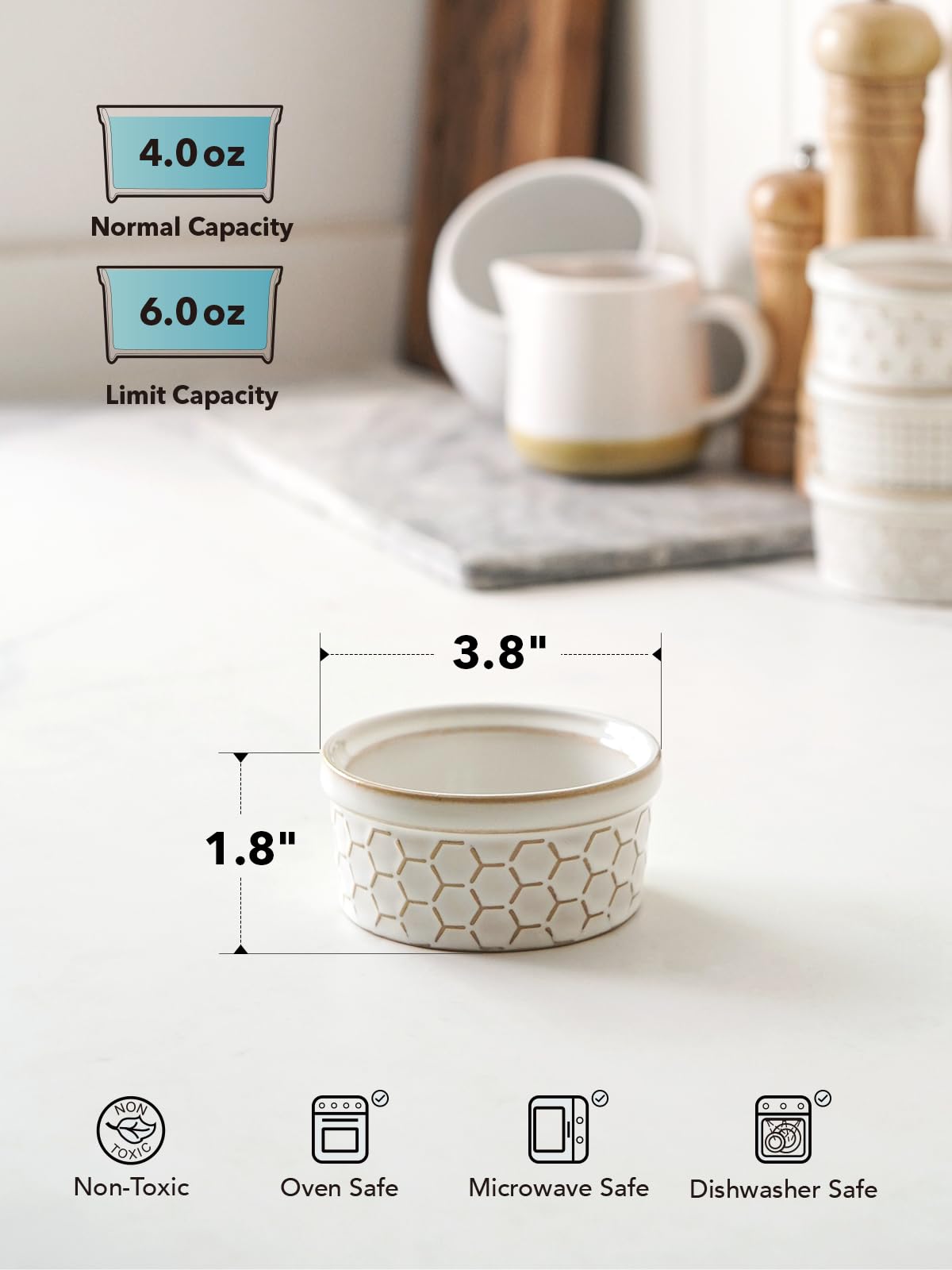 LE TAUCI Ramekins 4 oz, Ramiken for Creme Brulee, Lava Cake,Pudding, Souffle, Small Sauce Bowl,Ceramic Baking Dishes- 3.8 inch, Set of 4, Arctic White