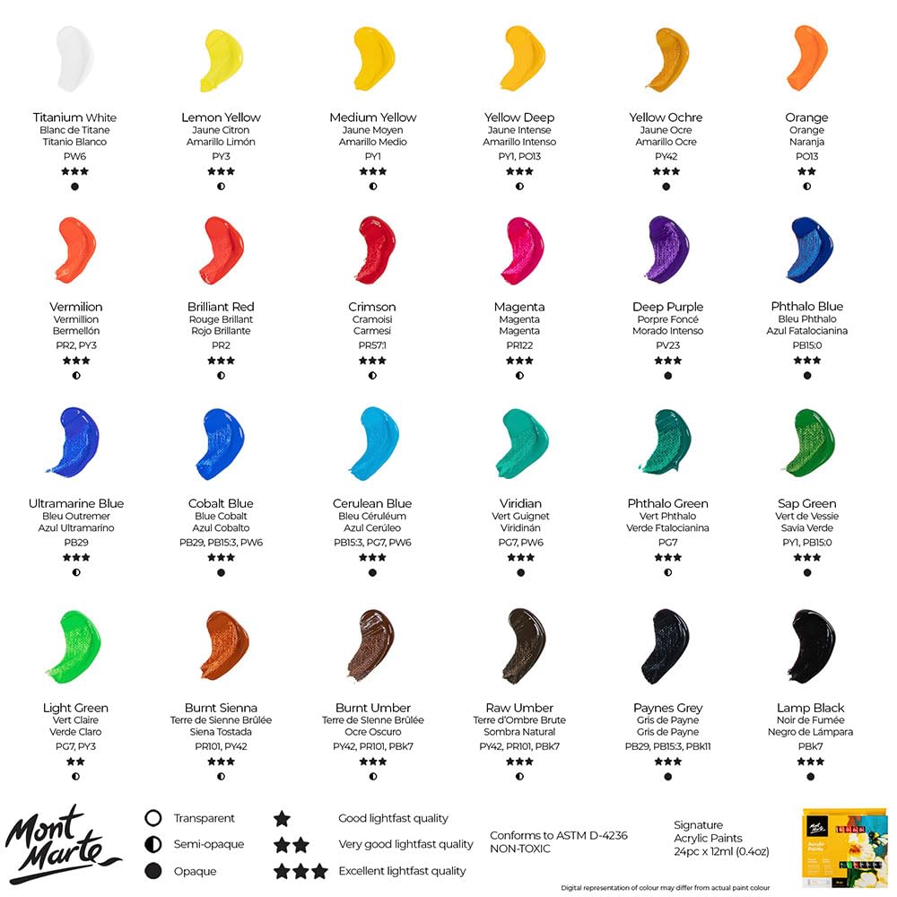 Mont Marte Acrylic Paint 24 Colours x 12ml Tubes, Semi-Gloss Finish, Suitable for a Variety of Painting Styles