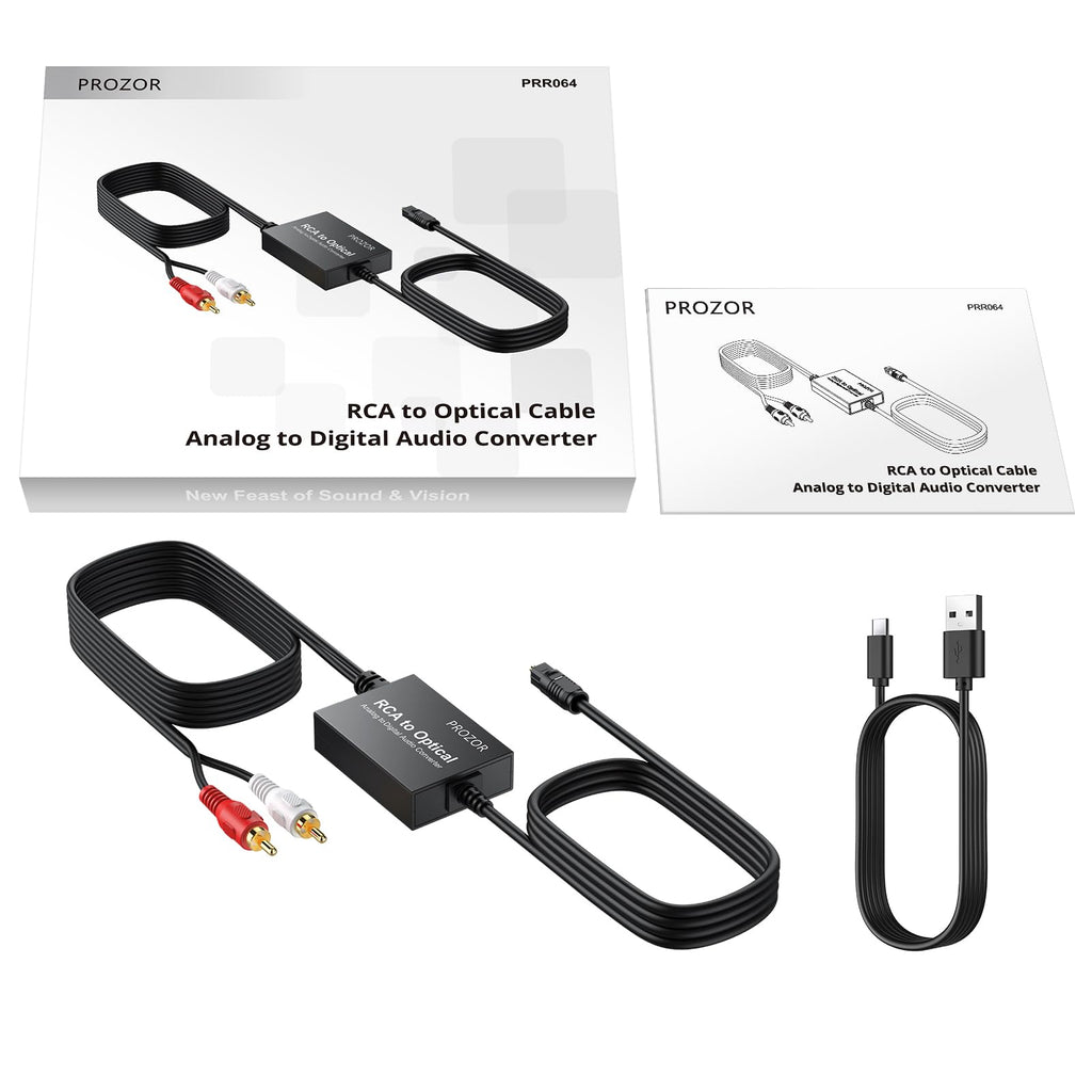 PROZOR Analog to Digital Audio Converter - RCA to Digital Toslink SPDIF Optical Audio Adapter with Optical Cable for Turntable CD DVD to Soundbar