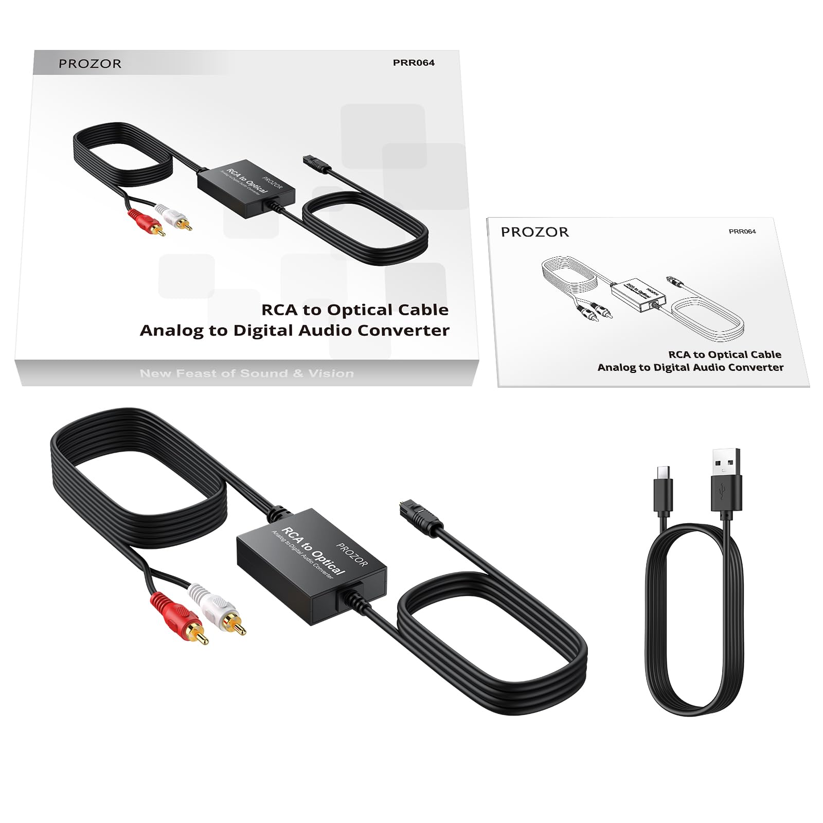 PROZOR Analog to Digital Audio Converter - RCA to Digital Toslink SPDIF Optical Audio Adapter with Optical Cable for Turntable CD DVD to Soundbar