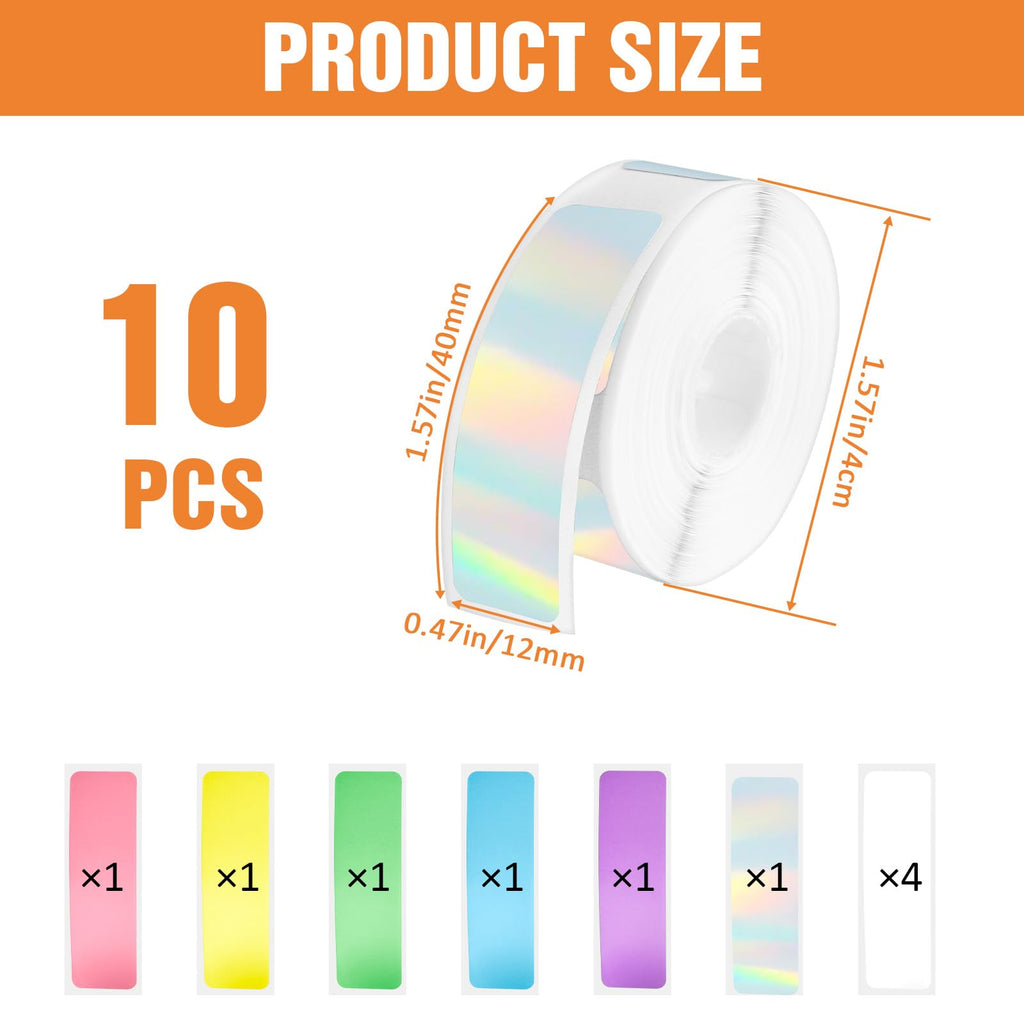 Lainballow 10 Pcs Label Maker Tape, 12mm × 40mm (0.47"x1.57") Label Tape, 1600 Pcs Thermal Labels Printer Sticker, Self-Adhesive Labeling Tape Replacement for D30 Printer, Multiple Colors