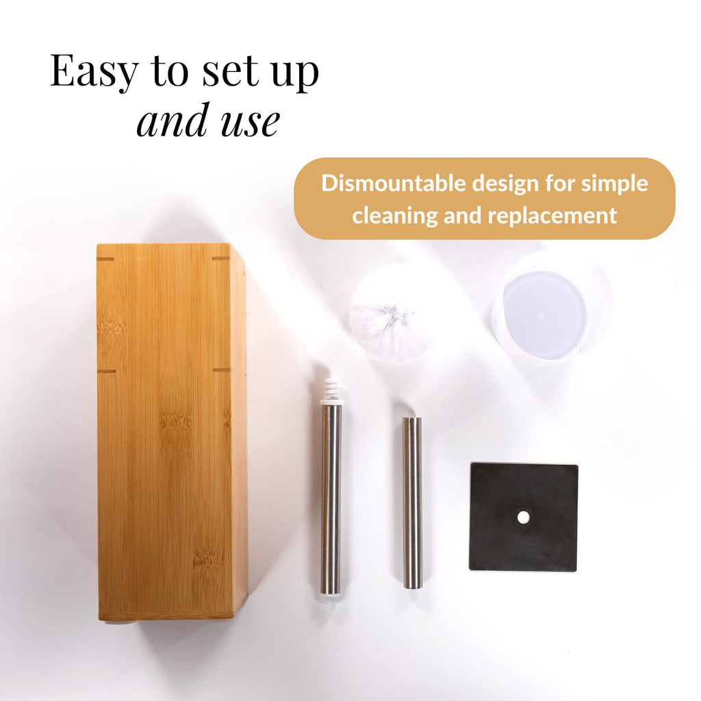 GOBAM Bamboo Toilet Brush and Holder for All Toilet Types - Stainless Steel Handle and Lid - Water Resistant - Toilet Brush Set - Bathroom Cleaning Supplies - Natural