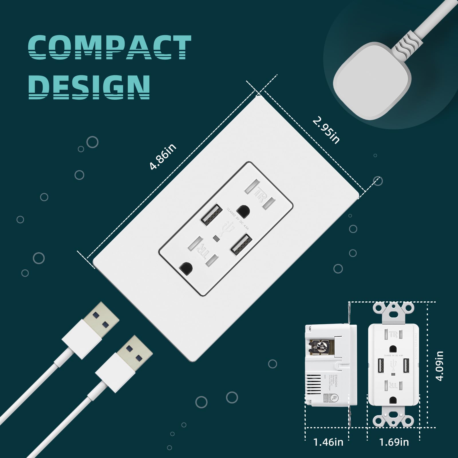 TOPELER 2Pack USB Wall Outlet, Receptacle Outlet with 4.8A Charging Capacity, 15A Tamper Resistant Electrical Socket, Screwless Wall Plate Included, UL & FCC Approved, White