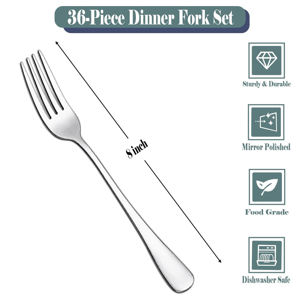Distfeat 36 Piece Dinner Fork Set (8 Inches) - Premium Stainless Steel Cutlery Forks -Table Forks for Home or Restaurant, Mirror Polished and Dishwasher Safe