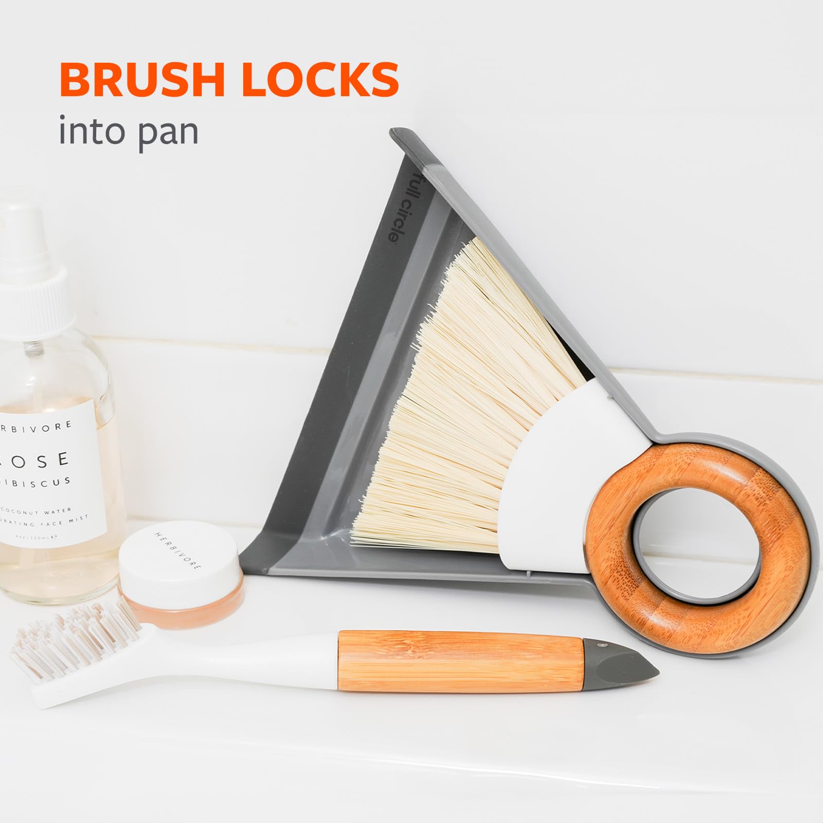 Full Circle Tiny Team Mini Compact Brush & Dustpan Set, Portable Handheld Broom for Quick Cleanups, Ideal for Home, Bathroom, Kitchen Countertops. Bamboo Hand Broom & Small Crumb Sweeper