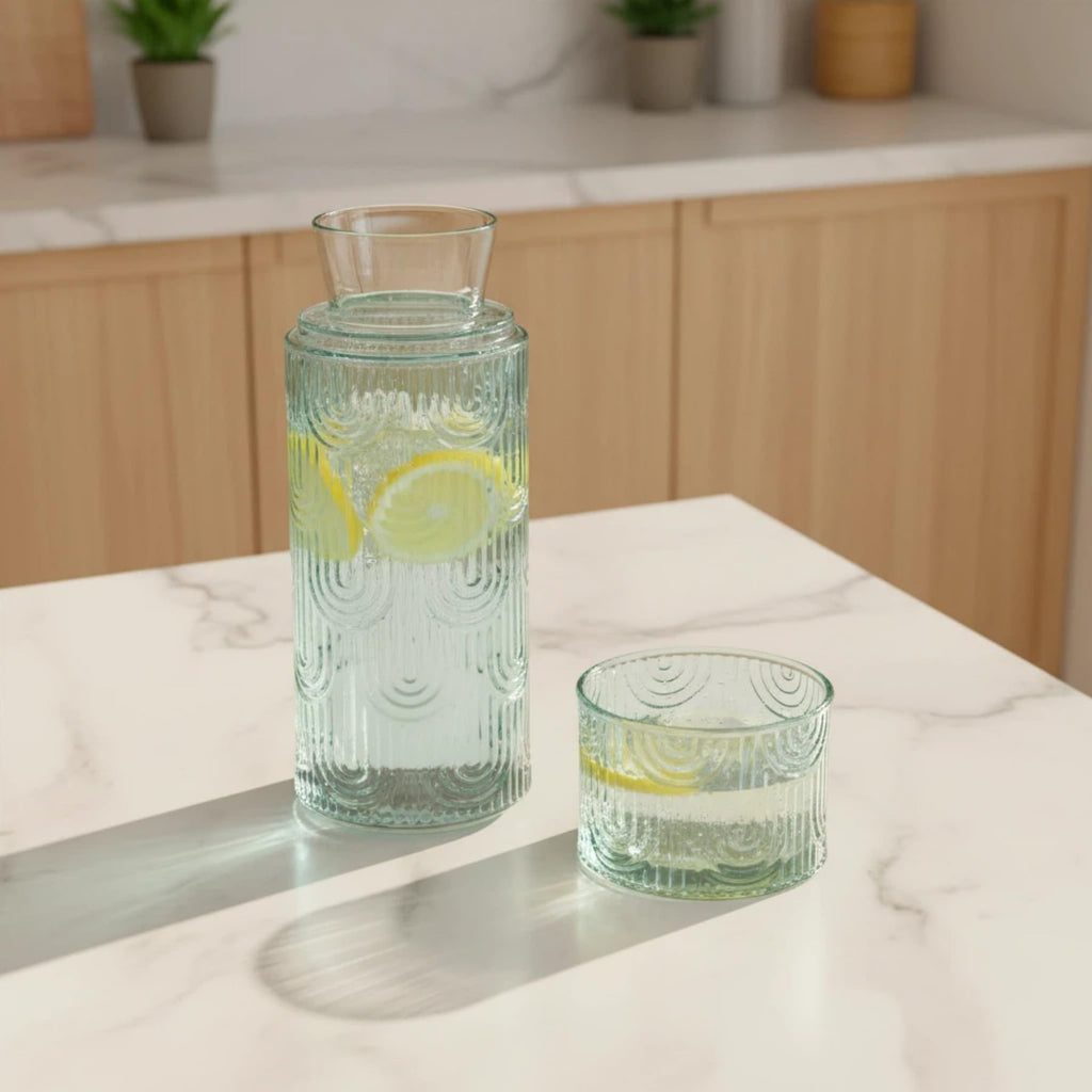 Bedside Water Carafe and Glass Set, Mouthwash Water Dispenser for Bathroom, 21.6 OZ Glass Pitcher Bottles with 6 OZ Lid for Bedroom and Dining (Light Blue)