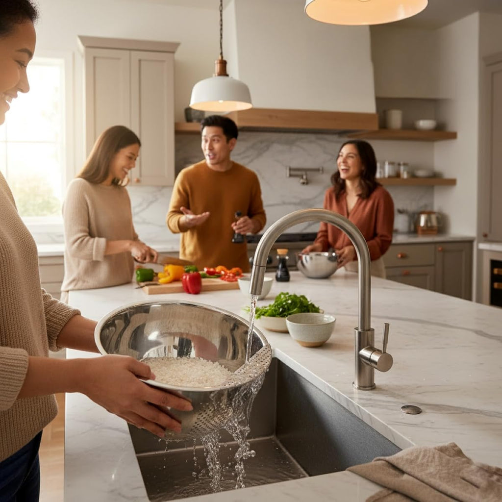 Helen's Asian Kitchen Professional Rice Washing Bowl – Stainless Steel Rice Rinser Strainer with Side Drainer, 3-Quart Capacity. Ideal for Quinoa, Rice, Grains, Legumes, Vegetables. Kitchen Essential