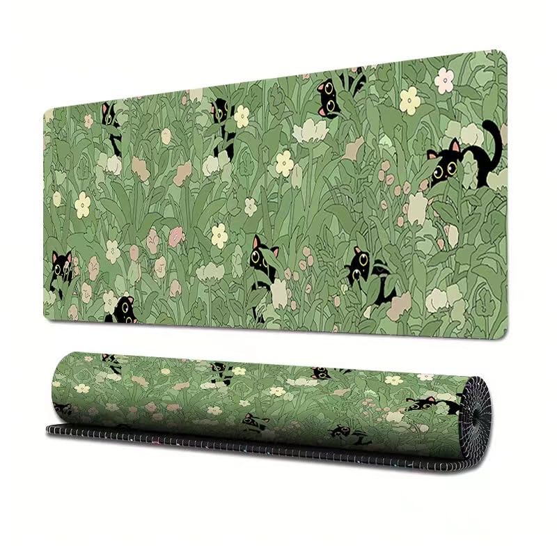 Gaming Mouse Pad XXL Extended Anime Mouse Pad 31.5x11.8 inch, Large Cute Kawaii Big Computer Mouse Mat Desk Pad with Non-Slip Rubber Base and Stitched Edge for Home Office-Cat in Grass