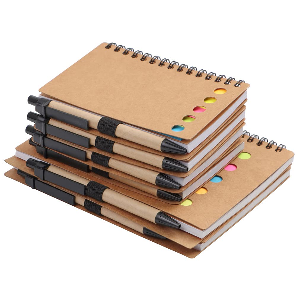 6PCS Lined Spiral Notebook Kraft Paper Cover Notepad with Pen in Holder, Memo Notebook with Sticky Notes Colored Index Tabs Notebook Pen Tab for Adult, Kids, Home, Office, School