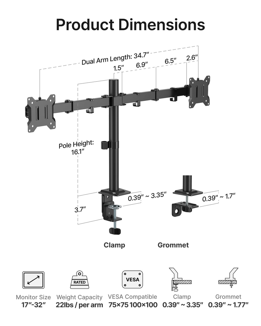 monTEK Stable Dual Monitor Stand for 17"–32” Computer Screens, Heavy-Duty Desk Mount with 22 lbs per Arm, Fully Adjustable Brackets and Arms, Clamp/Grommet Base, VESA 100×100mm Max