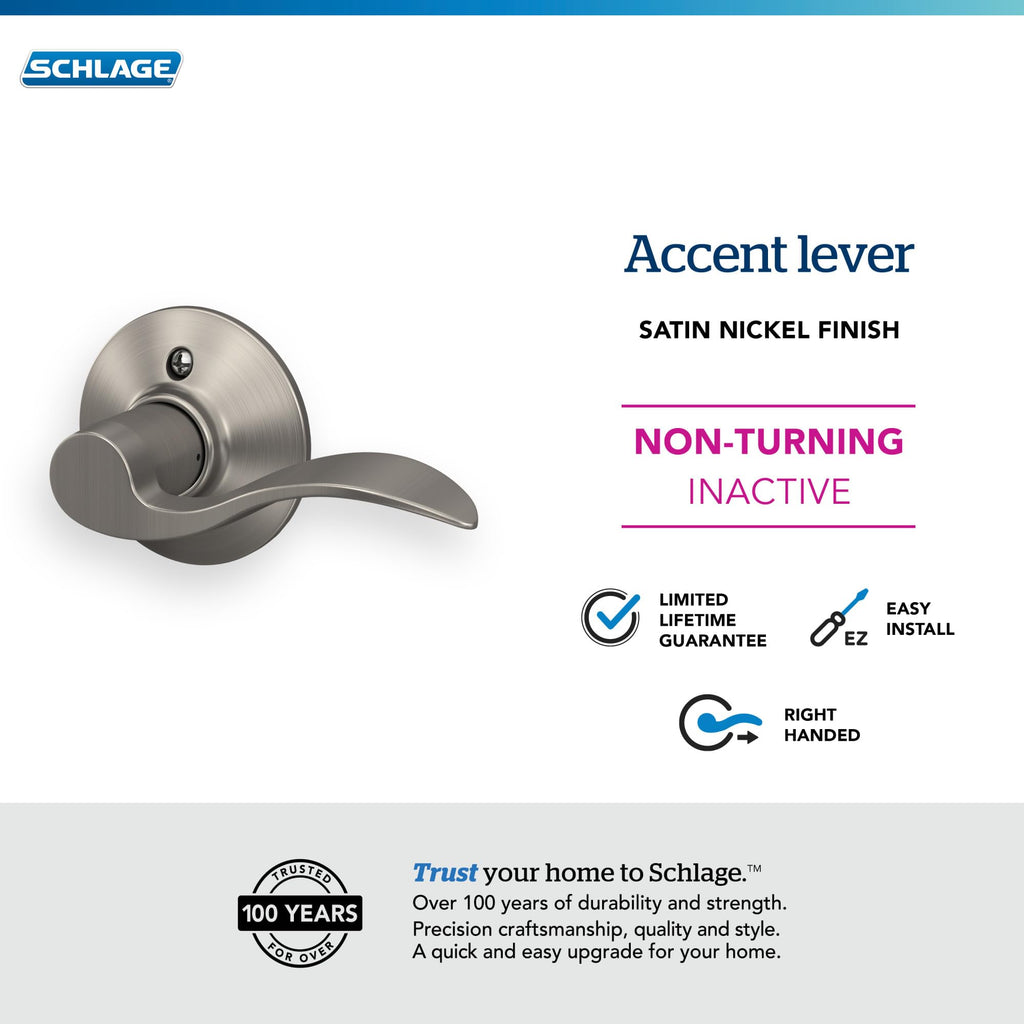 Schlage F170 Acc 619 RH Right Handed Accent Door Lever with Standard Trim, One-Sided Non-Turning Dummy Handle, Satin Nickel