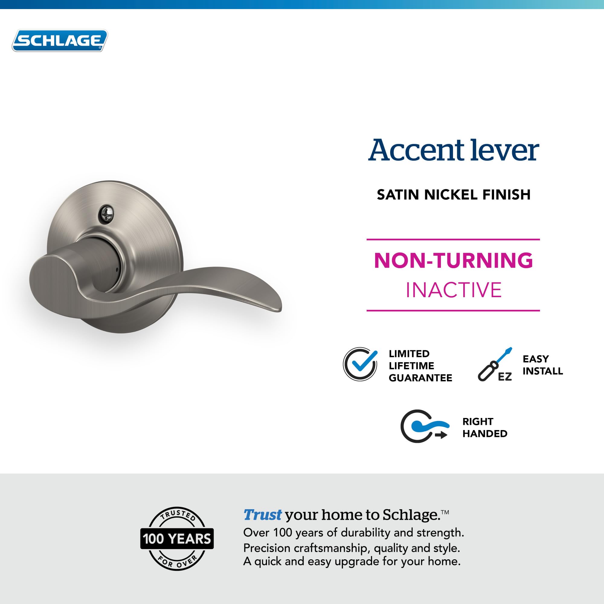 Schlage F170 Acc 619 RH Right Handed Accent Door Lever with Standard Trim, One-Sided Non-Turning Dummy Handle, Satin Nickel