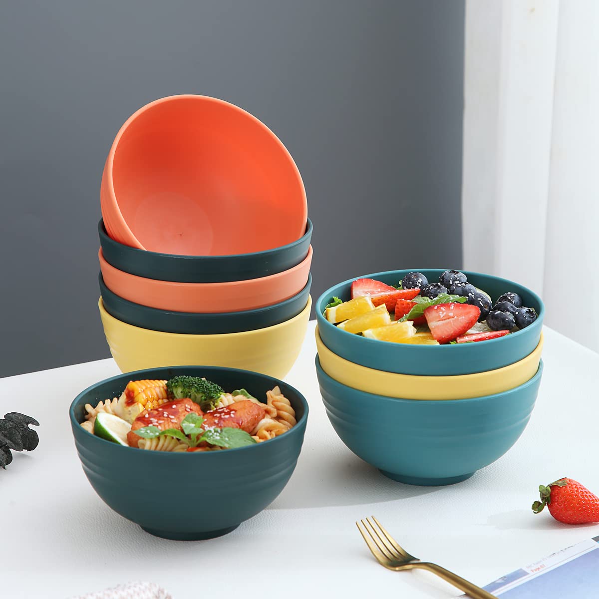 Kyraton Plastic Cereal Bowls 8 Pieces, Unbreakable and Reusable Light Weight Bowl for Rice Noodle Soup Snack Salad Fruit BPA Free Dishwasher Safe (Mutil Color)