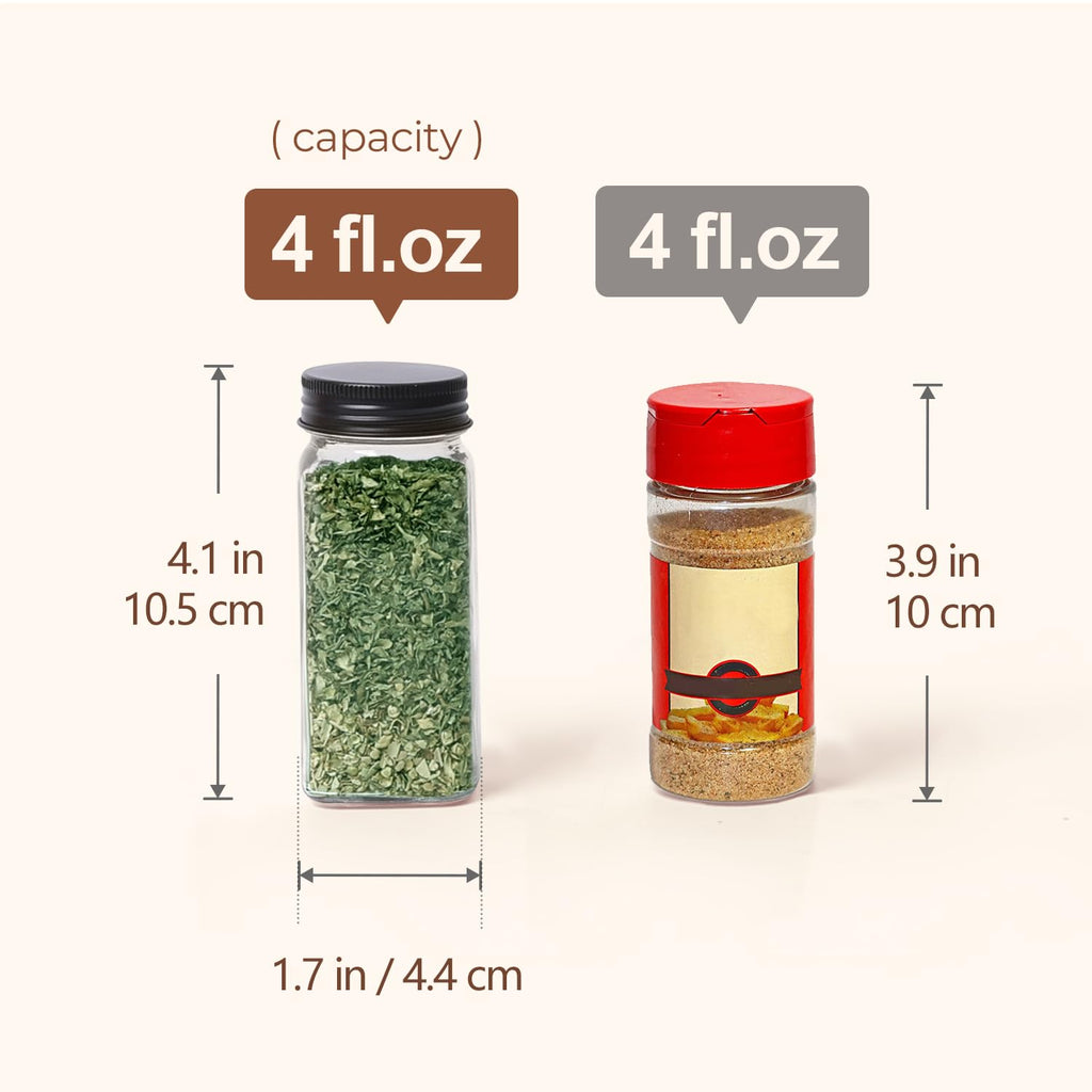 ComSaf 24Pcs 4oz Glass Spice Jars with Shaker Lids, 93 Labels, a Handy Funnel, a Pepper Grinder, Empty Spice Containers and Square Spice Bottles for Kitchen and Seasoning