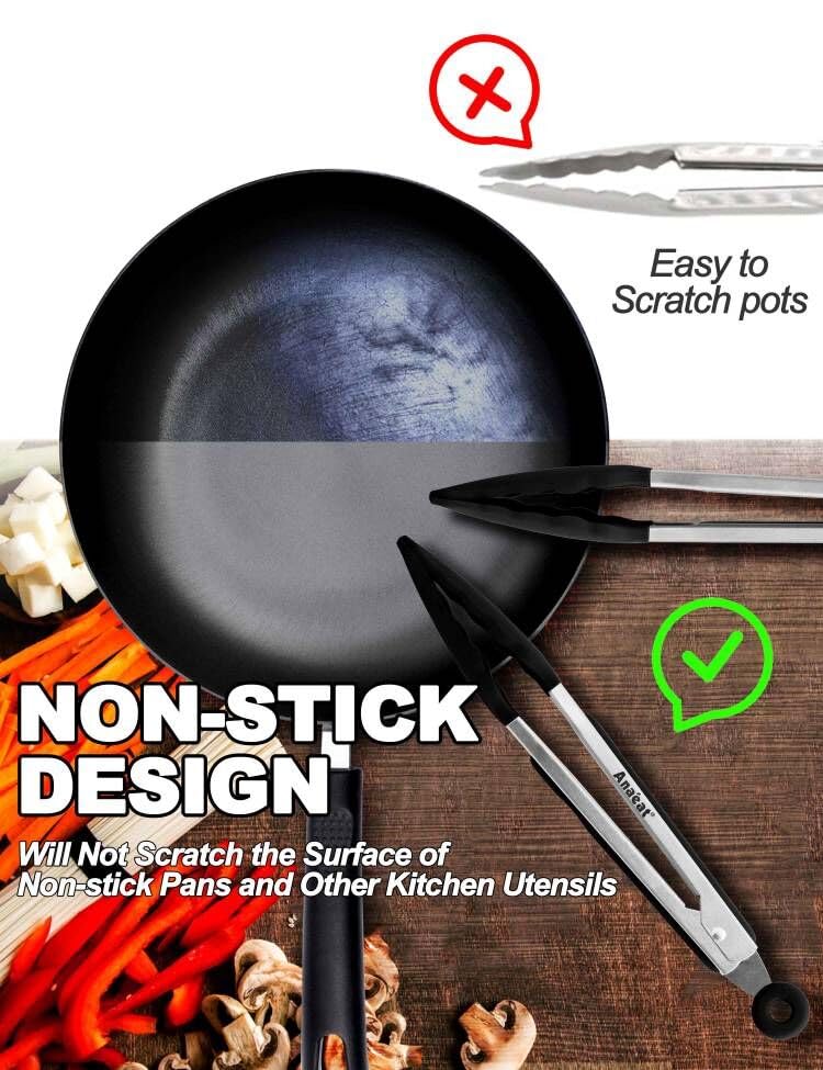 Anaeat Non-Stick Silicone Locking Tong Set of 3 - Stainless Steel 7", 9", 12" Kitchen Food Tongs with Non-Slip Silicone Tips and Grip for Baking, Cooking and BBQ - Heat Resistant up to 480°F (Black)