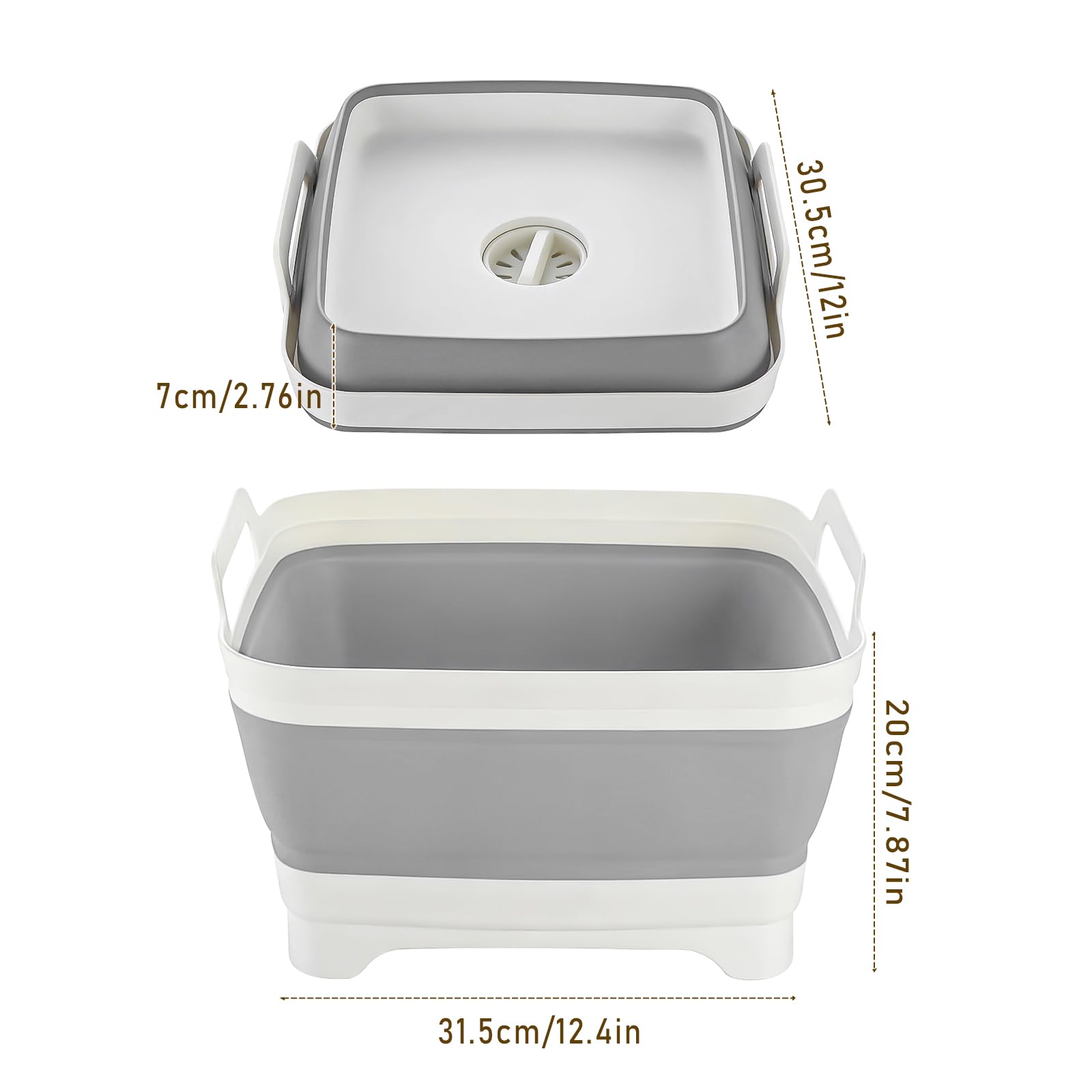 NIKONIKO Collapsible Sink, 9L Portable Wash Basin with Handle and Drain Plug, Grey