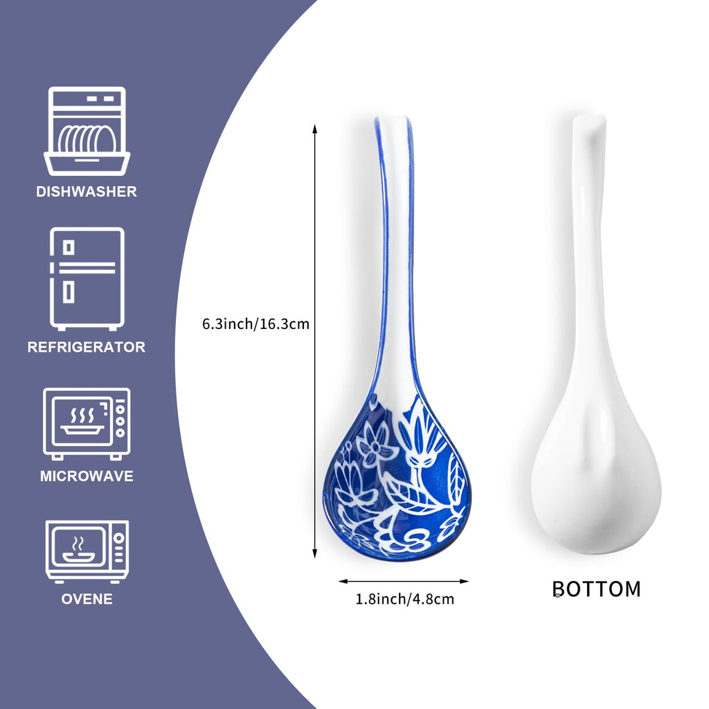 Cerkik Ceramic Asian Soup Spoon - 6.3 Inch Chinese Soup Spoons Japanese Ramen Spoons for Pho Dumplings Wonton Miso Cereal Stews Noodles - Vintage Blue