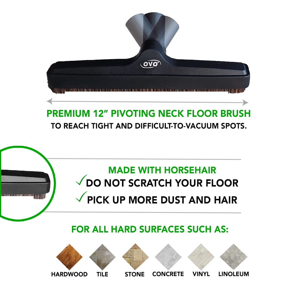 OVO Universal Vacuum Cleaner Floor Brush for Hard Surface with Natural Bristles, 12 inch, 1 1/4 inch (32mm) Inner Diameter, Fits All, Black (ACC-216-BK.)