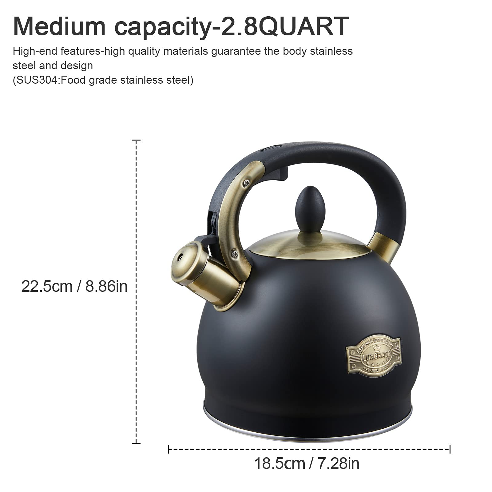 Stove Top Whistling Tea Kettle- Stainless Steel Teakettle Teapot with Ergonomic Handle 2.6 Quart(Black)