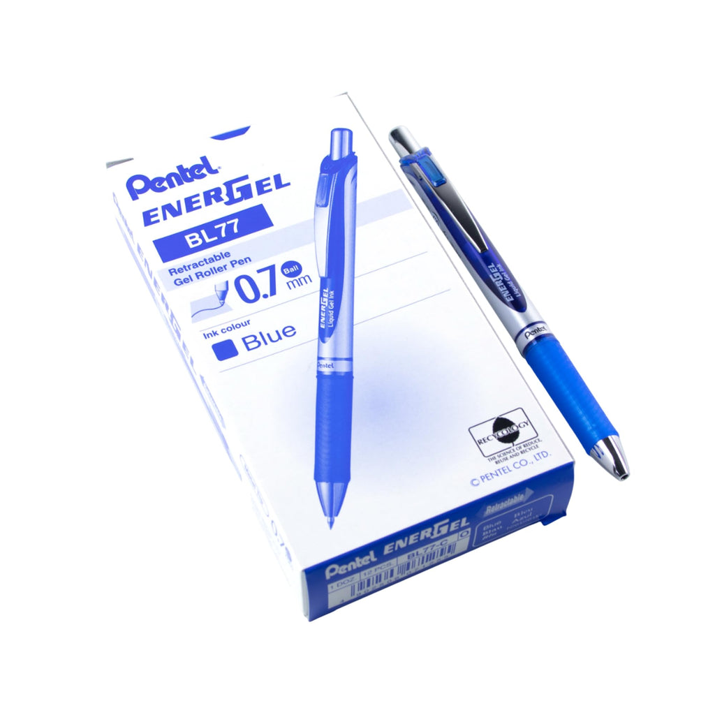 Pentel EnerGel Retractable Liquid Gel Rollerball, 0.7mm Medium Point, Blue Ink, Box of 12