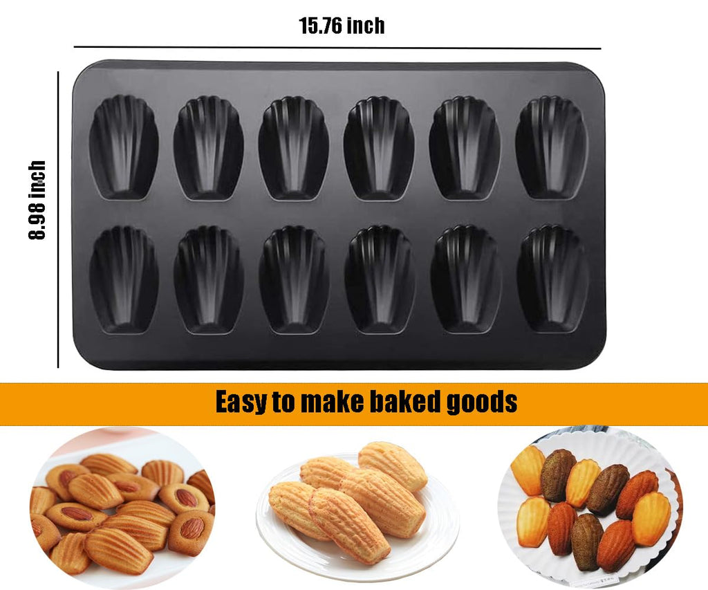 Jiarznh Nonstick Madeleine Pan, 12Cavity Shell Shaped Baking Mold,Madeline Cake Baking Tray with Anti Curling Shell Shaped Shell Suitable for Oven Bakin(2-Pack)