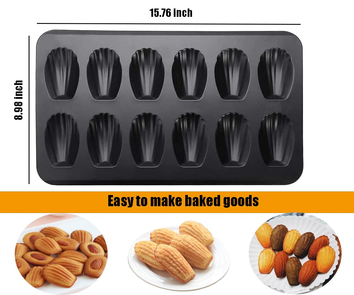 Jiarznh Nonstick Madeleine Pan, 12Cavity Shell Shaped Baking Mold,Madeline Cake Baking Tray with Anti Curling Shell Shaped Shell Suitable for Oven Bakin(2-Pack)