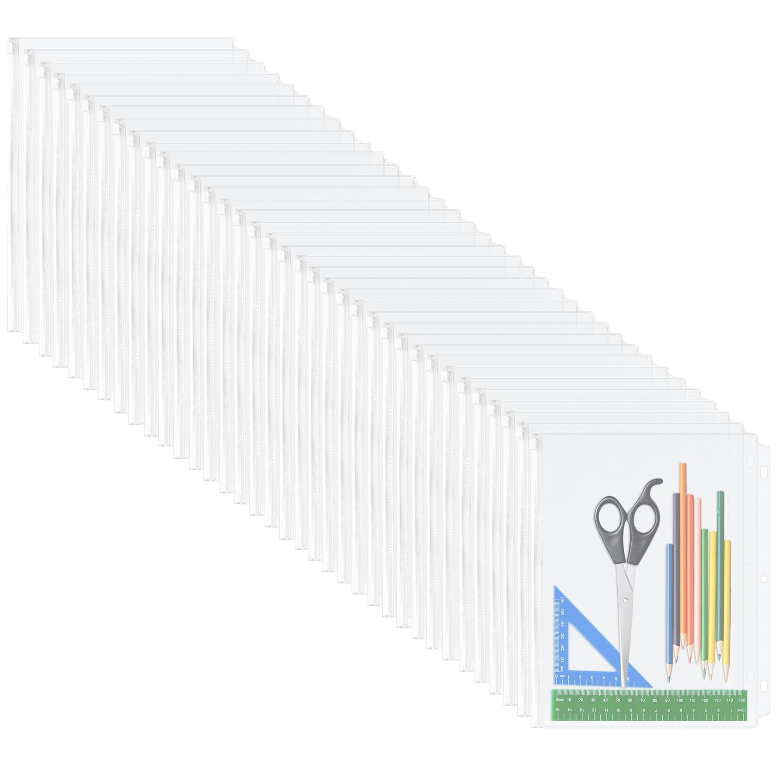 YoeeJob 3 Holes Clear PVC Zipper Binder Pocket Insert Pages Letter Size, 8 1/2" x 11 Loose Leaf Binder Filing Storage Bags 36 Packs(Clear)