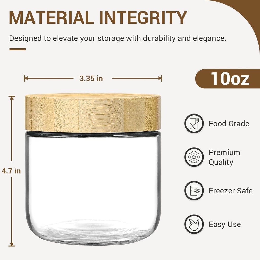 Oillase 4-pack 10oz Glass jars with Airtight Lids, Overnight Oats Containers with Bamboo Lids, Wide mouth Mason Salad jars, Glass Food Storage Containers for Snacks Yogurt Spice Sugar